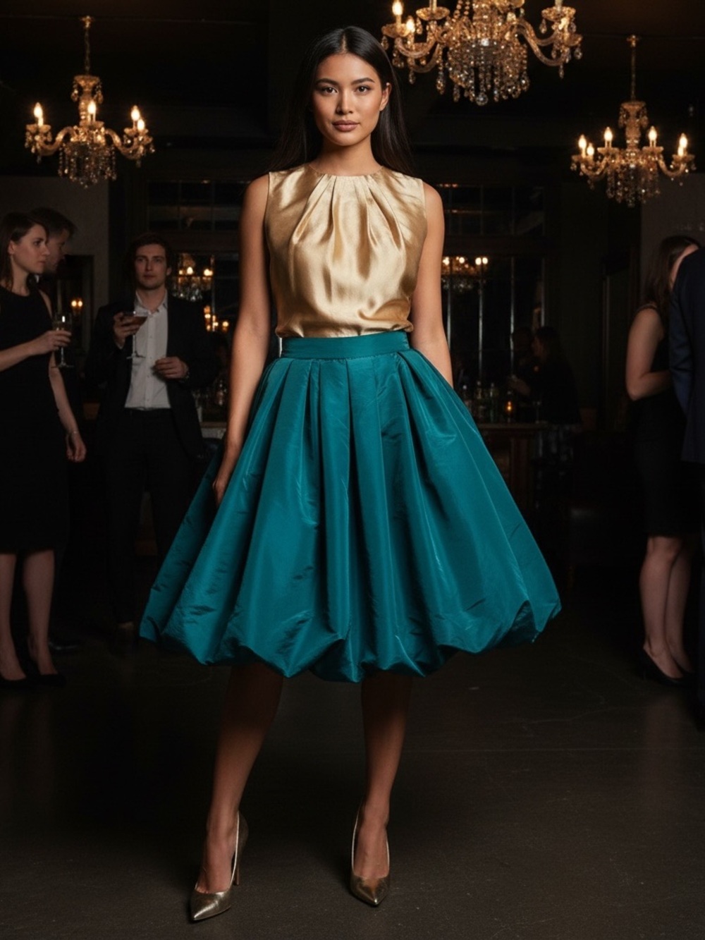 Sarah Jayne Gold Satin Pleated Neck Top